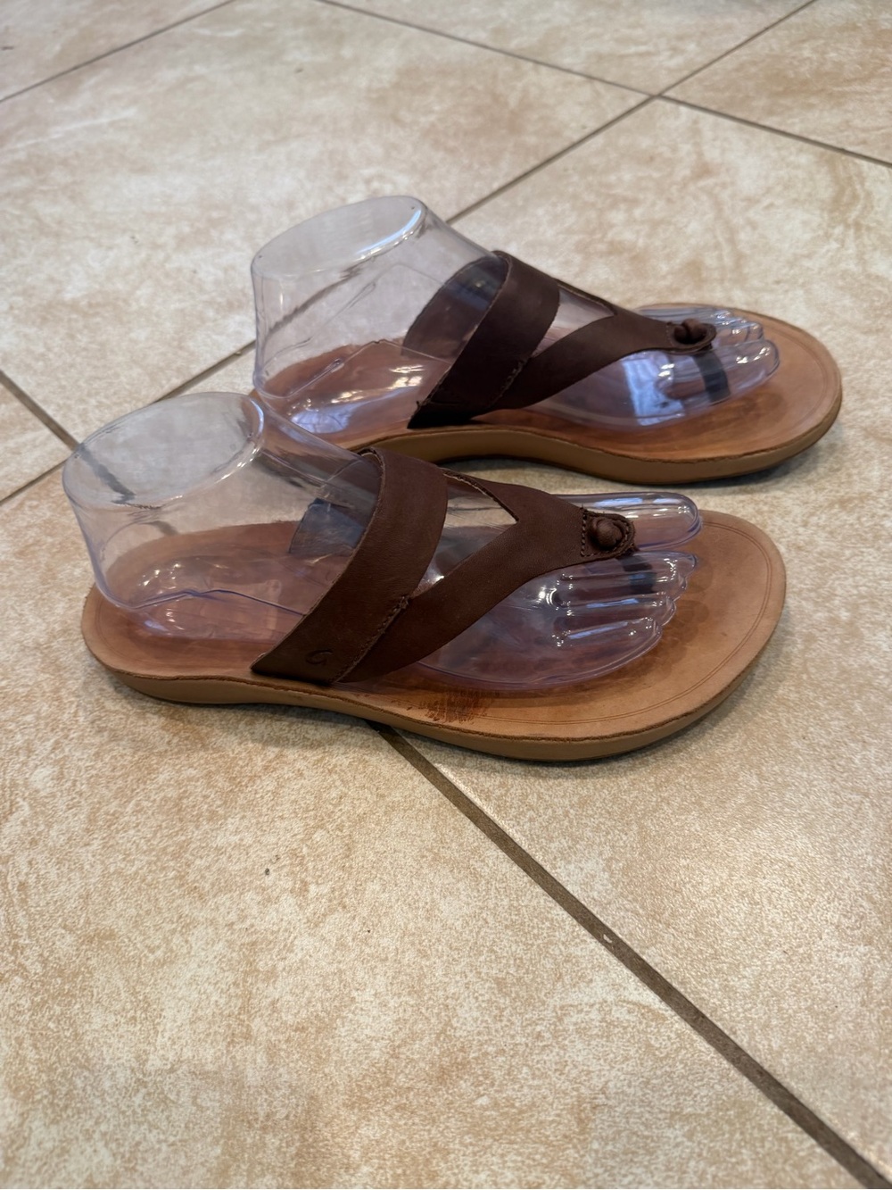 OluKai Women's Dark Brown Leather Toe-Post Sandals double strap Sz 8 - Picture 2 of 7